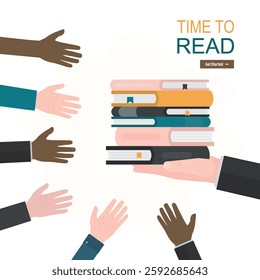 Reading time concept. Time to study, learning. Businessman or teacher hand give stack of various books with watch. Various multiethnic hands want catch textbooks and read. Education, self development.