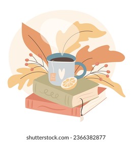 Reading time. Cup of tea on pile of books. Cozy autumn days concept