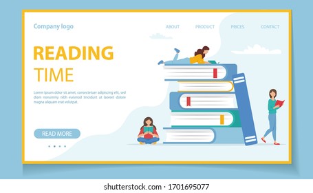 Página de inicio de hora de lectura. Pequeños personajes con libros. Ilustración del vector en estilo plano