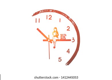 Reading time metaphor, girl with open book sitting on clock hand