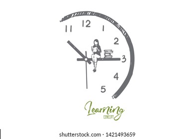 Reading time metaphor, girl with open book sitting on clock hand. Learning, knowledge symbol, self-education, bookworm, literature fan, hobby concept sketch. Hand drawn vector illustration