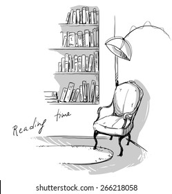 Reading time. A quiet cozy corner at home â?? bookshelves and a chair.