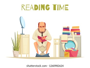 Reading time in toilet background with washing machine flat vector illustration