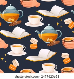Reading time vector seamless pattern with open books,teapot,cup of tea and macarons dessert.