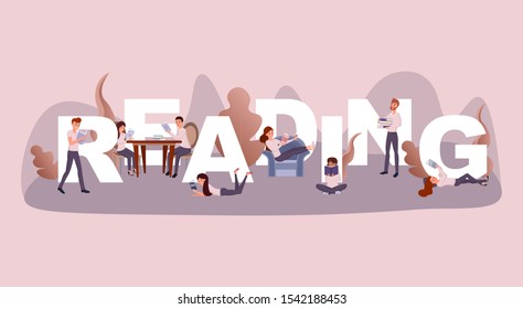 Reading time word concept banner. Couple enjoying new novel in cafe cartoon characters. Intellectual people hobby, students revising textbooks, adults relaxing with books, teenagers useful pastime