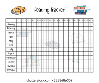 Reading Tracker template for kids. Books reading by day and month worksheet. Vector blank page with cute doodle design.