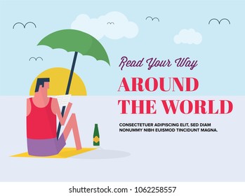 Reading is Traveling Concept. Vector illustration of a man chilling on a beach and reading a book.