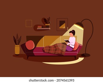 Leyendo debajo de la lámpara. Leer el libro en la habitación antes de la cama, la chica lee la luz, la mujer en el sofá, el salón de descanso casa biblioteca interior, dibujos animados de icono plana garish ilustración vectorial