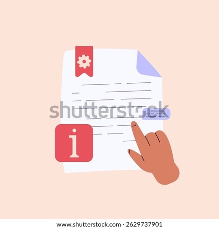 Reading user manual book. Users reading and writing guide instruction with information mark. Concept of customer guide, useful information, FAQ. Vector illustration for UI, web banner