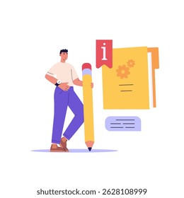 Lendo o livro manual do usuário. Instrução do guia de leitura e escrita do usuário com marca de informação. Conceito de guia do cliente, informações úteis, perguntas frequentes. Ilustração vetorial para interface do usuário, banner da Web