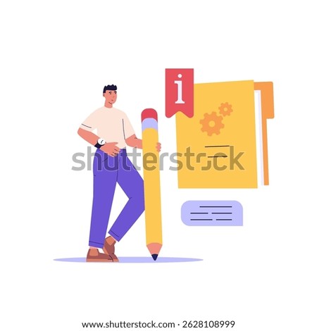 Reading user manual book. User reading and writing guide instruction with information mark. Concept of customer guide, useful information, FAQ. Vector illustration for UI, web banner