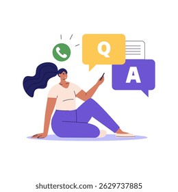 Reading user QA information. User reading and writing guide instruction with information mark. Concept of customer guide, useful information, FAQ. Vector illustration for UI, web banner