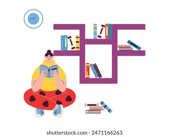 Reading various kinds of books in the library at home, vector illustration.