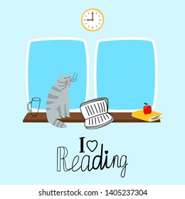 Reading vector concept with cute cat and books. Cat read book, reading on sill illustration