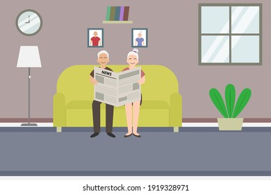 Reading Vector Concept: Old Couple Reading Newspaper Together While Sitting On The Sofa