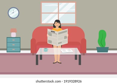 Reading vector concept: Young woman reading newspaper while sitting on the sofa at home 