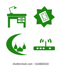 reading vector icons set. with holy quran, islamic mosque, router and lamp on desk in set