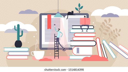 Reading vector illustration. Flat tiny paper book text study persons concept. Abstract knowledge and wisdom expansion from library learning. Information documents and encyclopedia for facts research.