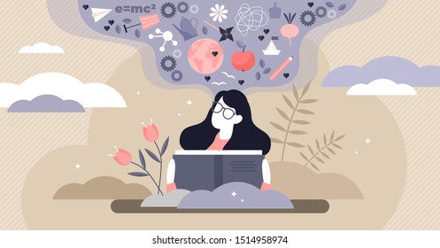 Reading vector illustration. Flat tiny expand knowledge horizons person concept. Book, encyclopedia and other information source study, research or explore lifestyle for personality wisdom development