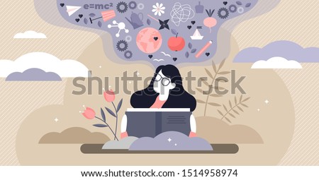 Reading vector illustration. Flat tiny expand knowledge horizons person concept. Book, encyclopedia and other information source study, research or explore lifestyle for personality wisdom development