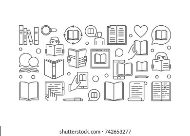 Reading vector linear illustration. Read a book concept banner in thin line style