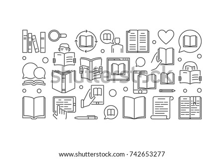 Reading vector linear illustration. Read a book concept banner in thin line style