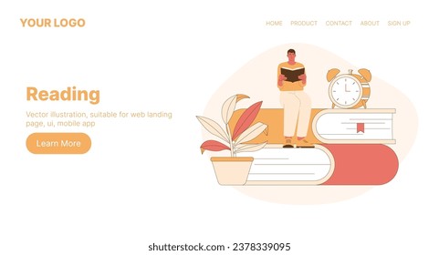 Reading. Web Landing Page Design. Flat Cartoon Vector Illustration. Vector illustration, suitable for web landing page, ui, mobile app