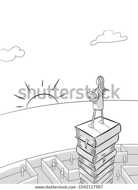 Reading widens horizons. Books are a repository of very different knowledge. Self-development and self-improvement. Girl is standing on a large pile of books over a labyrinth in which people go aimlessly