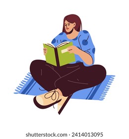 Reading woman with book sit on carpet. Vector isolated illustration of female reader with literature. Girl with textbook reads story or studying, learning at home. Read hobby or activity. Education