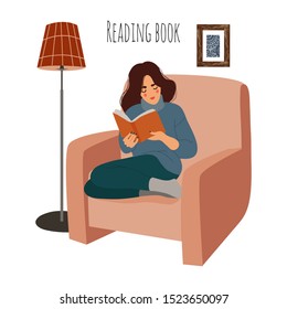 Reading Woman at home on chair. Girl sitting on armchair with interesting book. Vector cute flat illustration isolated on white background.