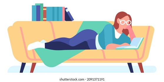 Reading woman laying on couch. Book lover leisure time