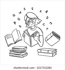 READING Woman Or Student Girl Reads Schoolbook New Concept Of Home Education Self-Education Monochrome Sketch In Doodle Style Hand Drawn Vector Collection 