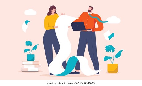 Reading work document - Woman and man at work looking at very long contract or memo in cartoon style flat design vector illustration