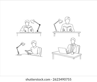 Reading And Working Silhouette Vector Illustration Set