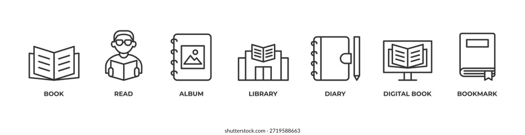 Reading World  Icons set vector illustration outline with BOOK, READ, ALBUM, LIBRARY, DIARY, DIGITAL BOOK, BOOKMARK