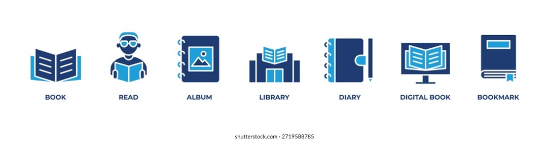 Leitura Ícones do mundo definir ilustração vetorial azul com LIVRO, LER, ÁLBUM, BIBLIOTECA, DIÁRIO, LIVRO DIGITAL, MARCADOR