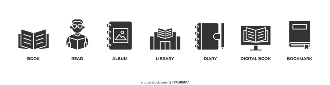 Leitura de ícones do mundo definir vetor ilustração glifo com LIVRO, LER, ÁLBUM, BIBLIOTECA, DIÁRIO, LIVRO DIGITAL, MARCADOR