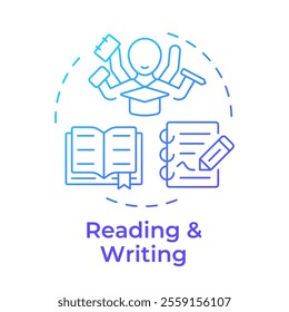 Reading and writing blue gradient concept icon. Studying with textbooks and articles. Education opportunities. Round shape line illustration. Abstract idea. Graphic design. Easy to use in article