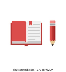 Reading and writing illustration with open book bookmark and pencil in minimalist red style.