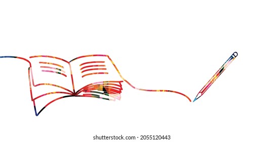 Reading, writing, knowledge, education concept. Colorful inspirational open book with pen isolated. Design for library, literature, university, school, courses, lessons, classes. Vector illustration