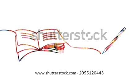Reading, writing, knowledge, education concept. Colorful inspirational open book with pen isolated. Design for library, literature, university, school, courses, lessons, classes. Vector illustration