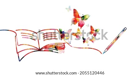 Reading, writing, knowledge, education concept. Colorful inspirational open book with butterflies and pen isolated vector. Design for library, literature, university, school, courses, lessons, classes