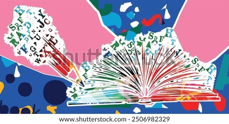 Reading, writing, knowledge, education concept. Colorful inspirational open book and pen vector. Design for library, literature, university, school, courses, lessons, classes