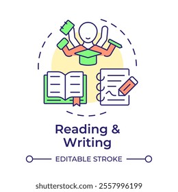 Reading and writing multi color concept icon. Studying with textbooks and articles. Education opportunities. Round shape line illustration. Abstract idea. Graphic design. Easy to use in article