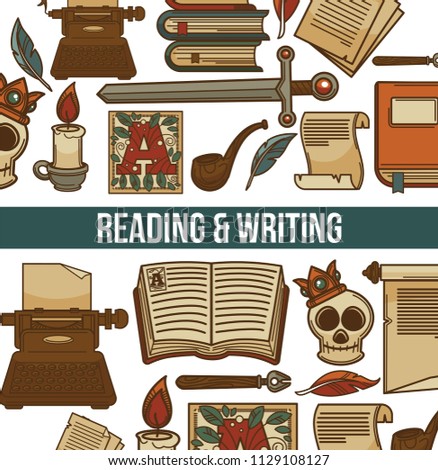 Reading and writing poster with books vector illustration