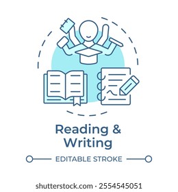 Reading and writing soft blue concept icon. Studying with textbooks and articles. Education opportunities. Round shape line illustration. Abstract idea. Graphic design. Easy to use in article