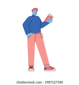 Leyendo a un joven personaje de caricatura sosteniendo un libro en la mano, esboza una ilustración vectorial aislada en fondo blanco. Concepto de promoción de la educación y la literatura.