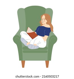 Reading young woman on armchair. Girl sitting on armchair with book. Vector cute flat illustration isolated on white background.