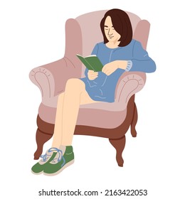 Reading young woman on armchair. Girl sitting on armchair with book. Vector cute flat illustration isolated on white background.