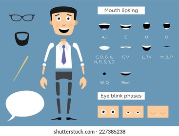 Ready to animation parts of character businessman. Include lips and eye phases.